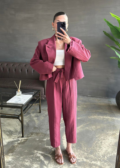 Bağlama Detaylı Crop Ceketli Takım BORDO