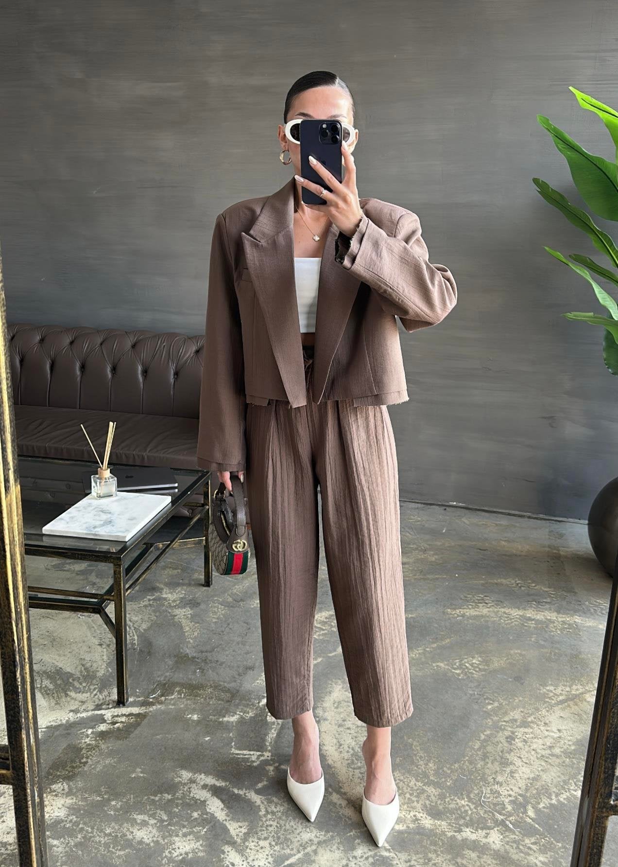 Bağlama Detaylı Crop Ceketli Takım ACI KAHVE