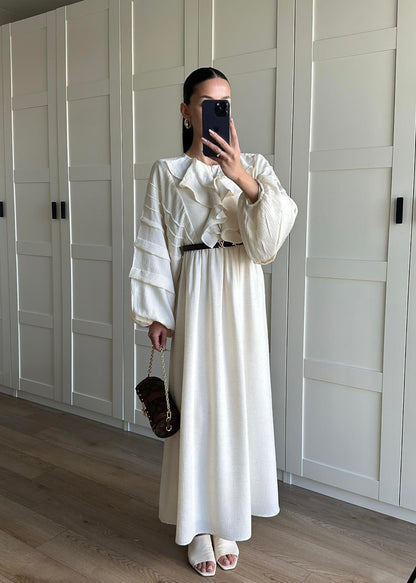 Önü Fırfırlı Naturel Elbise KREM