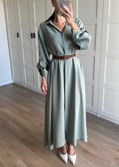 Tensel Kemerli Gömlek Elbise MİNT YEŞİLİ