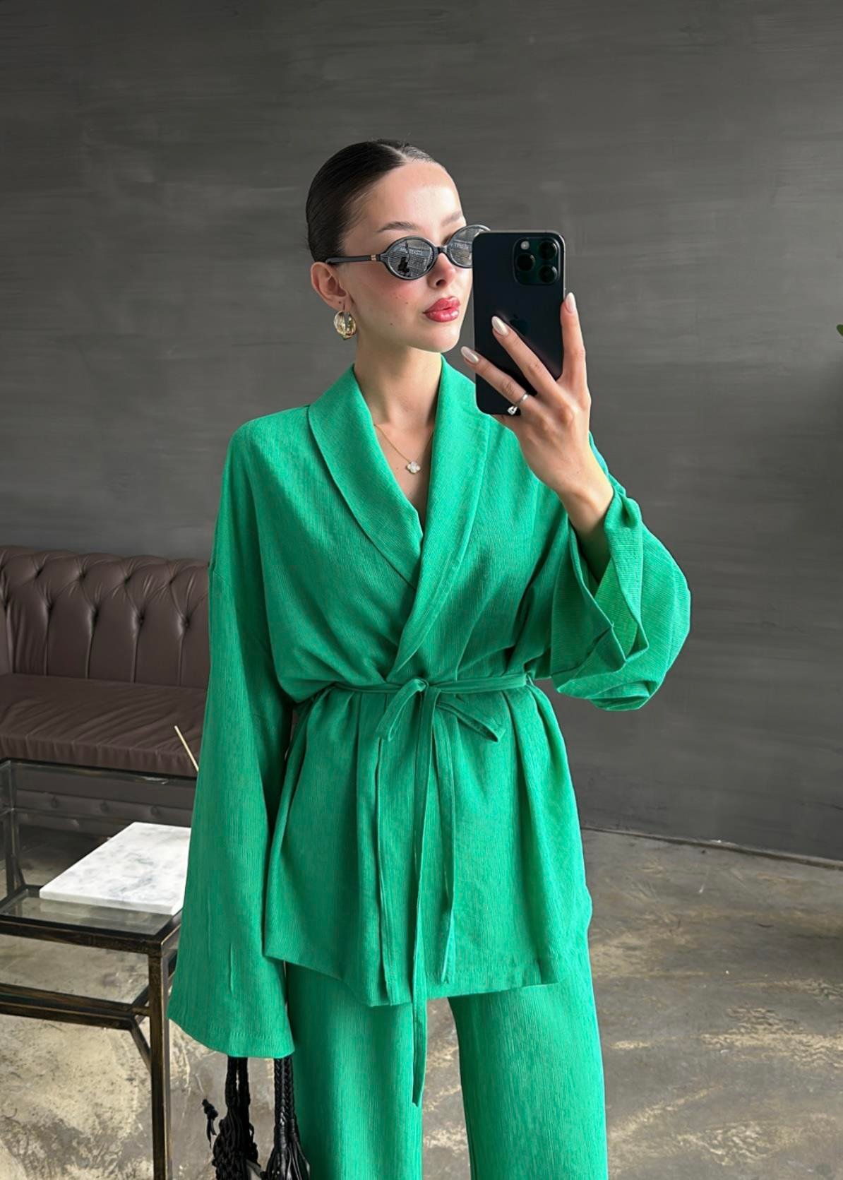 Şal Yaka Krinkıl Kimono Takım BENETTON YEŞİLİ