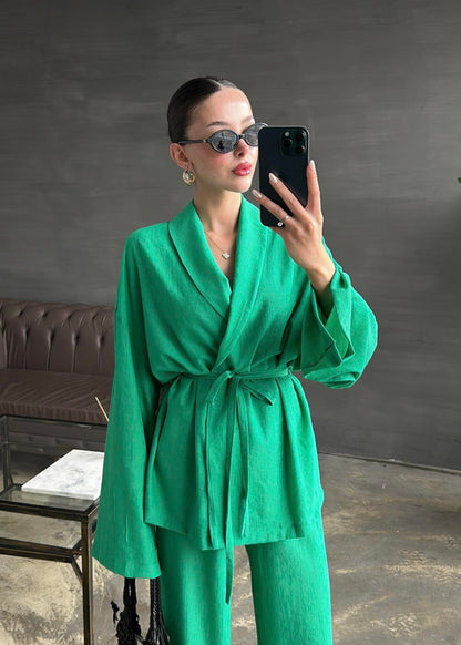 Şal Yaka Krinkıl Kimono Takım BENETTON YEŞİLİ