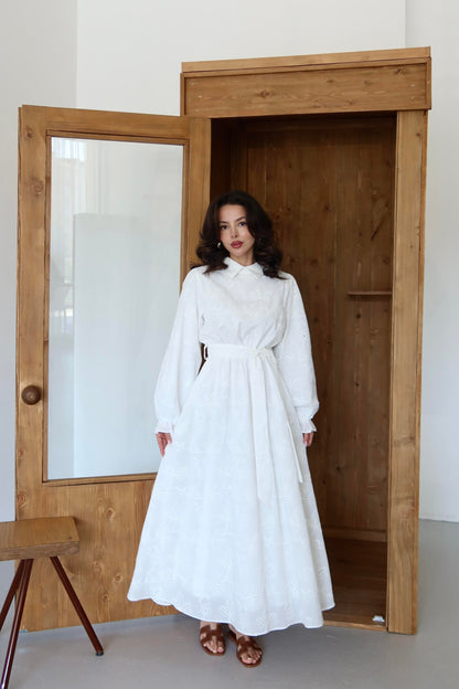 Gömlek Yakalı Brode Elbise BEYAZ