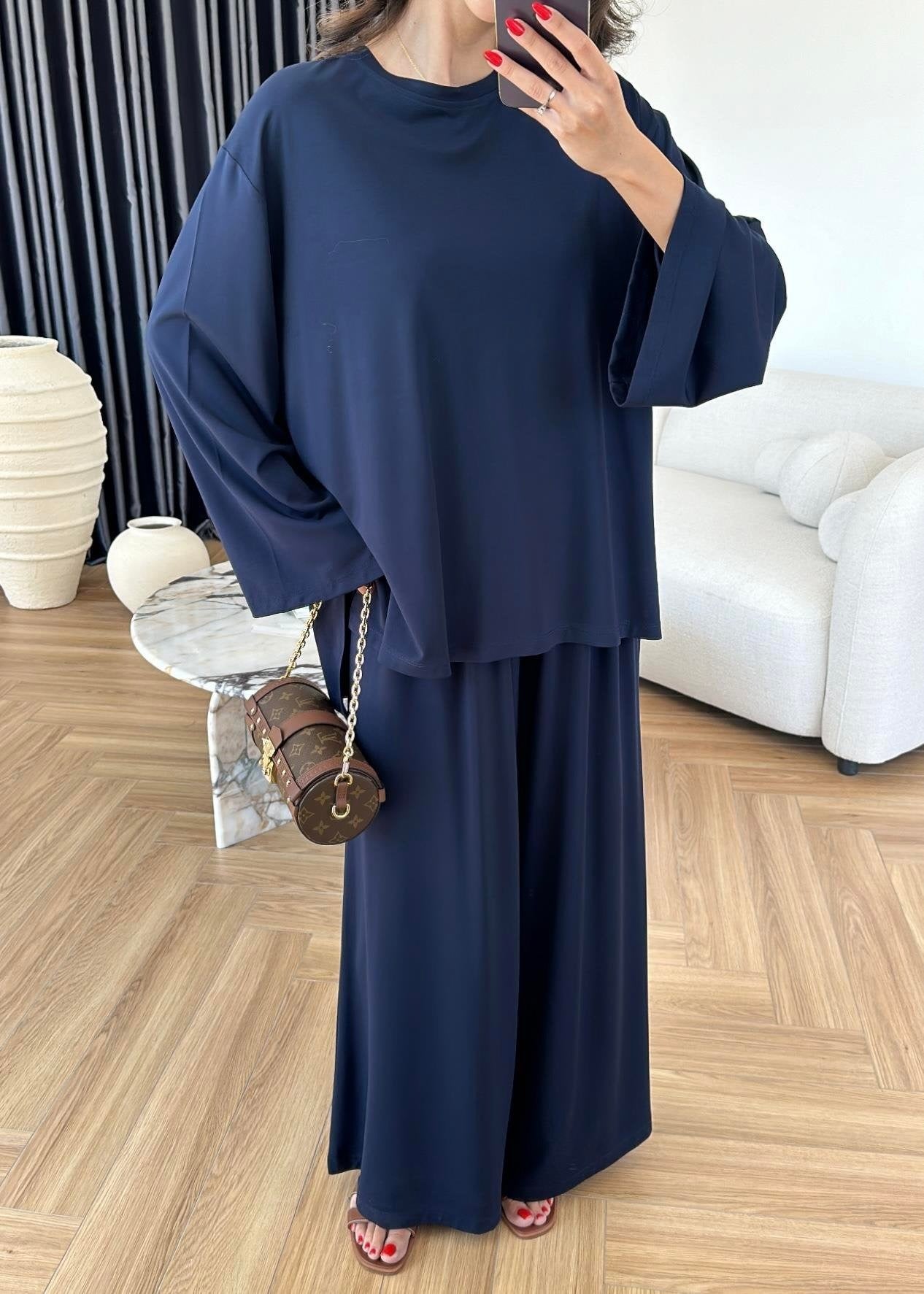 Modal Geniş Paçalı Takım Lacivert