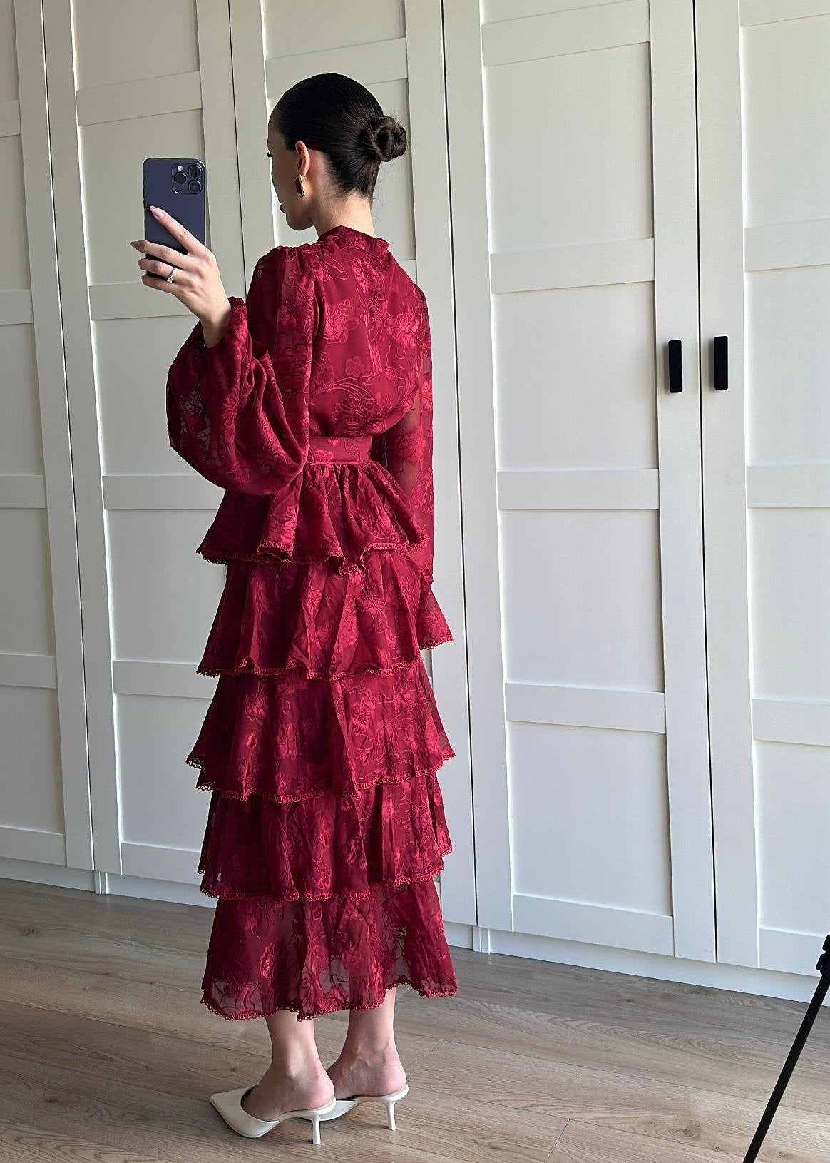 Çiçek Desenli Fırfırlı Elbise BORDO