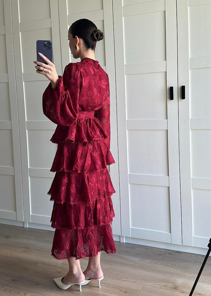 Çiçek Desenli Fırfırlı Elbise BORDO