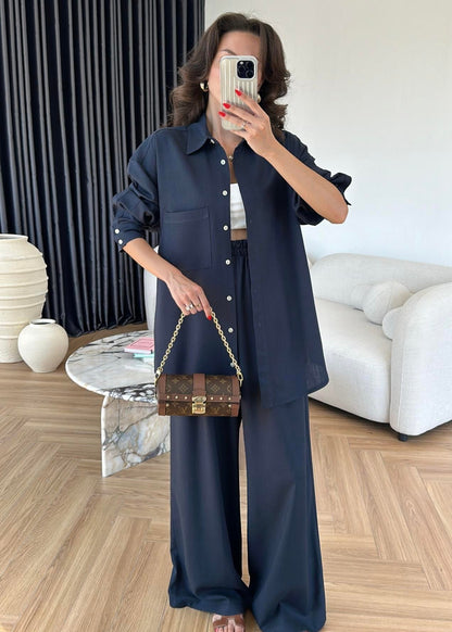 Sedef Düğmeli Uzun Keten Takım LACİVERT