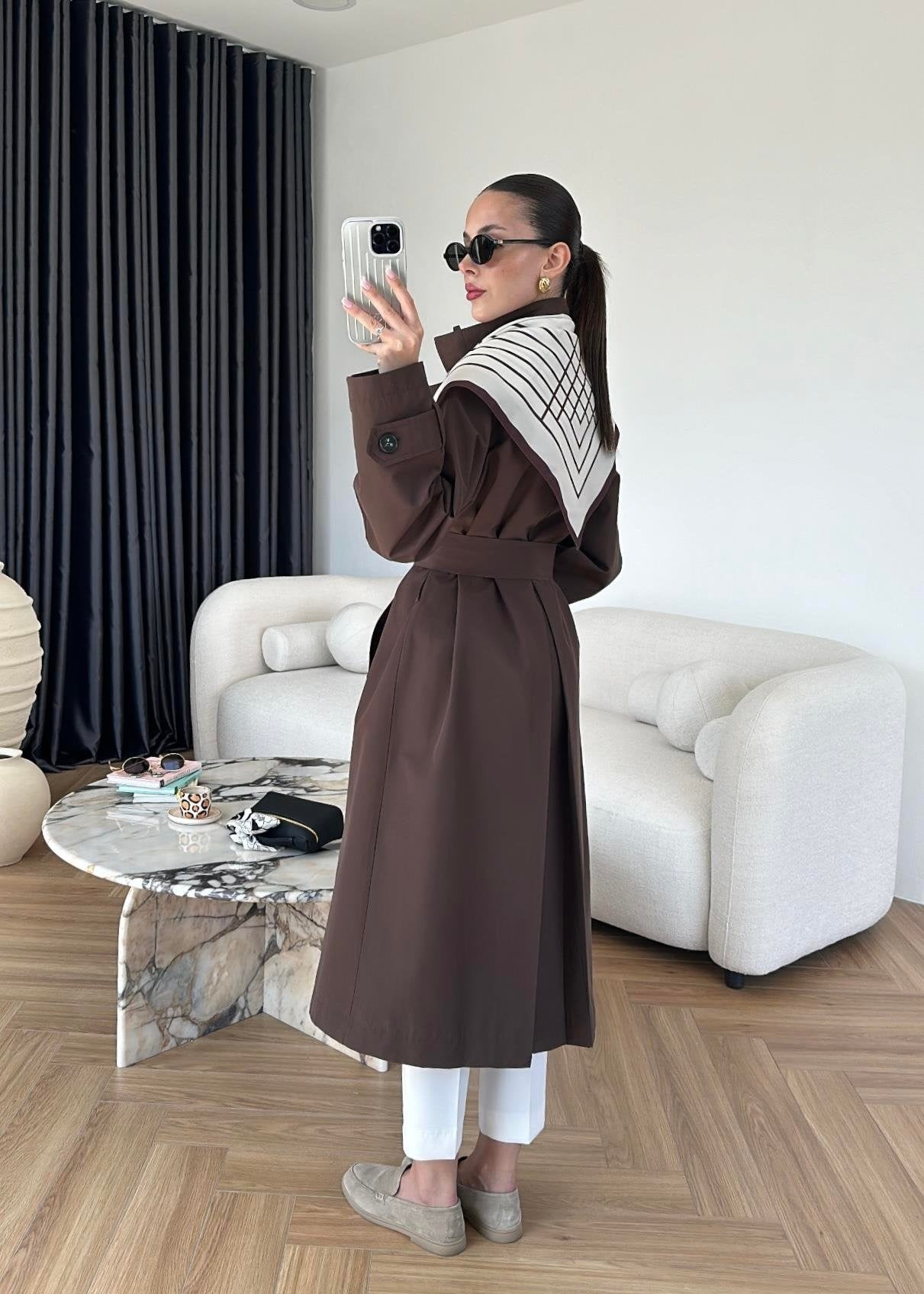 Fularlı Uzun Trençkot ACI KAHVE