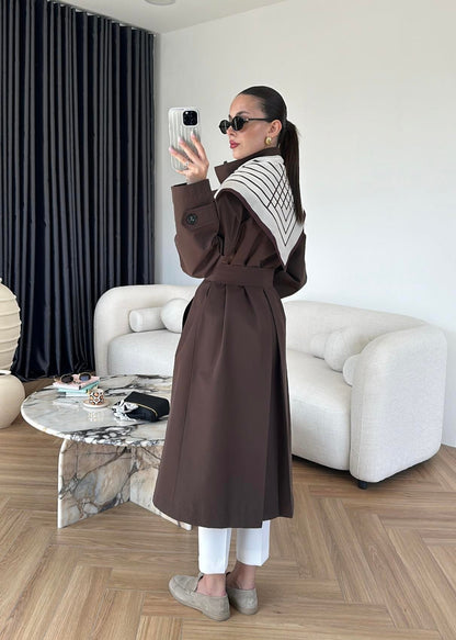 Fularlı Uzun Trençkot ACI KAHVE