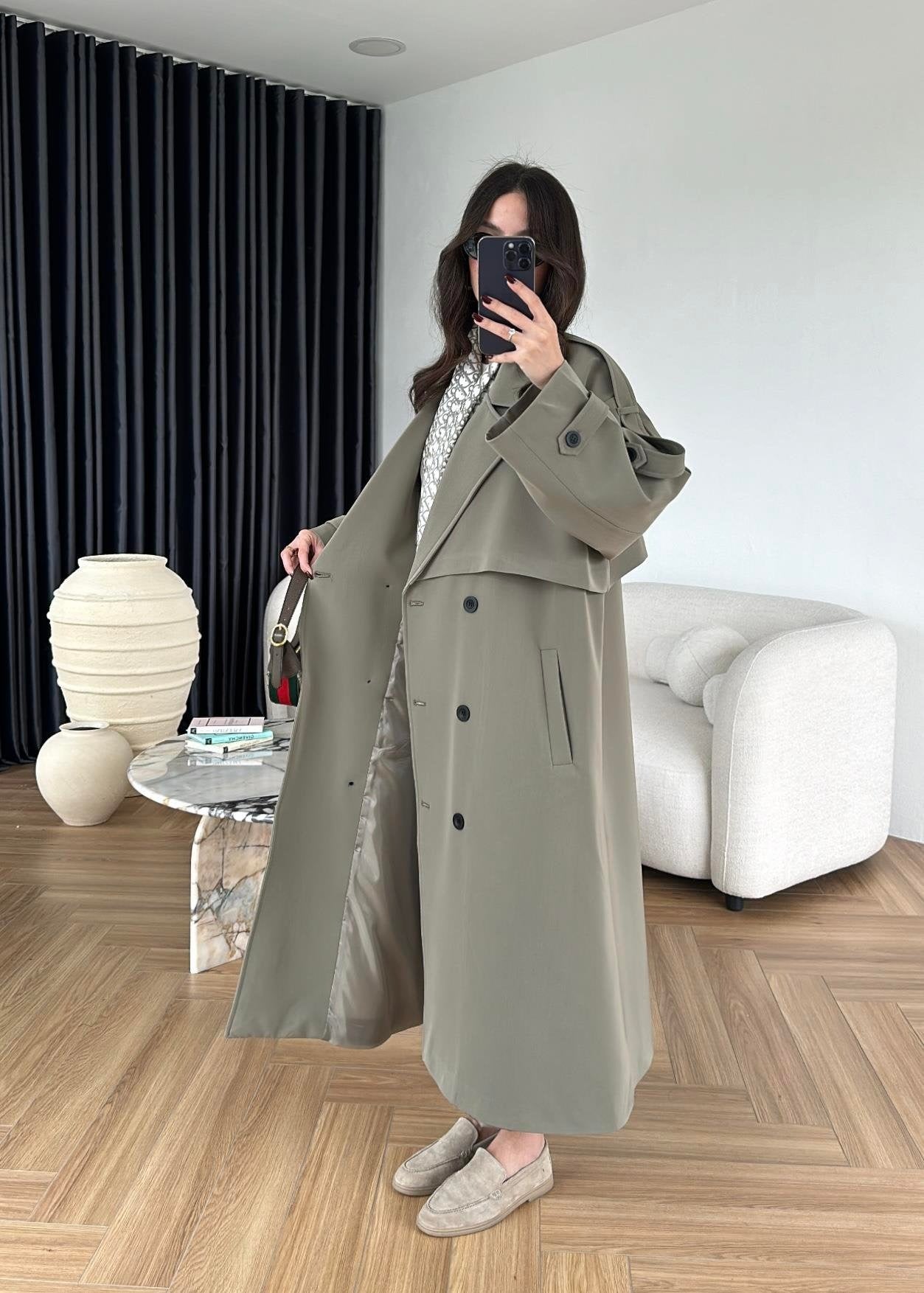 Omuzu Uzun Apoletli Trençkot HAKİ