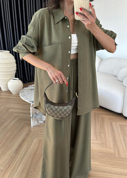 Sedef Düğmeli Uzun Keten Takım Haki