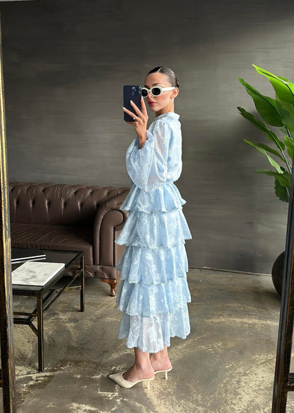 Çiçek Desenli Fırfırlı Elbise BEBE MAVİ