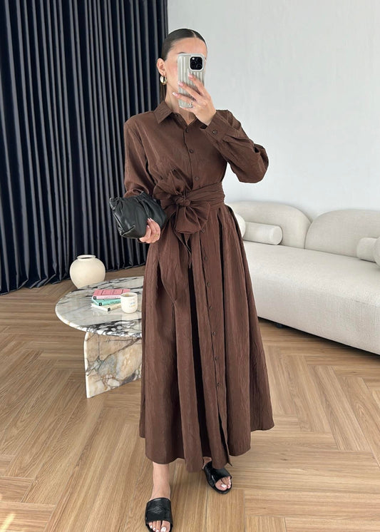 Kraşlı Beli Bağlamalı Elbise KAHVERENGİ