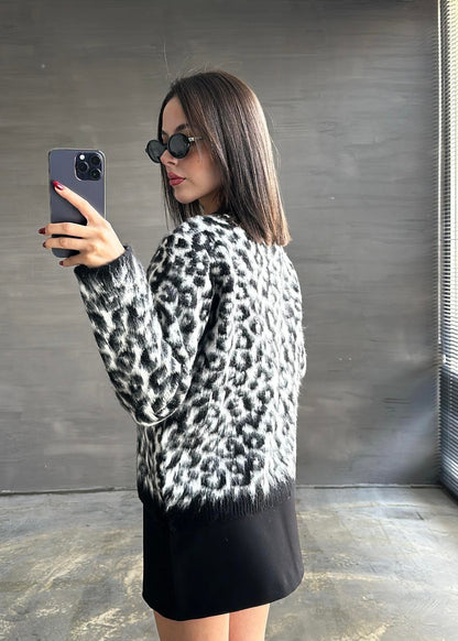 Yün Efekt Leopar Hırka SİYAH