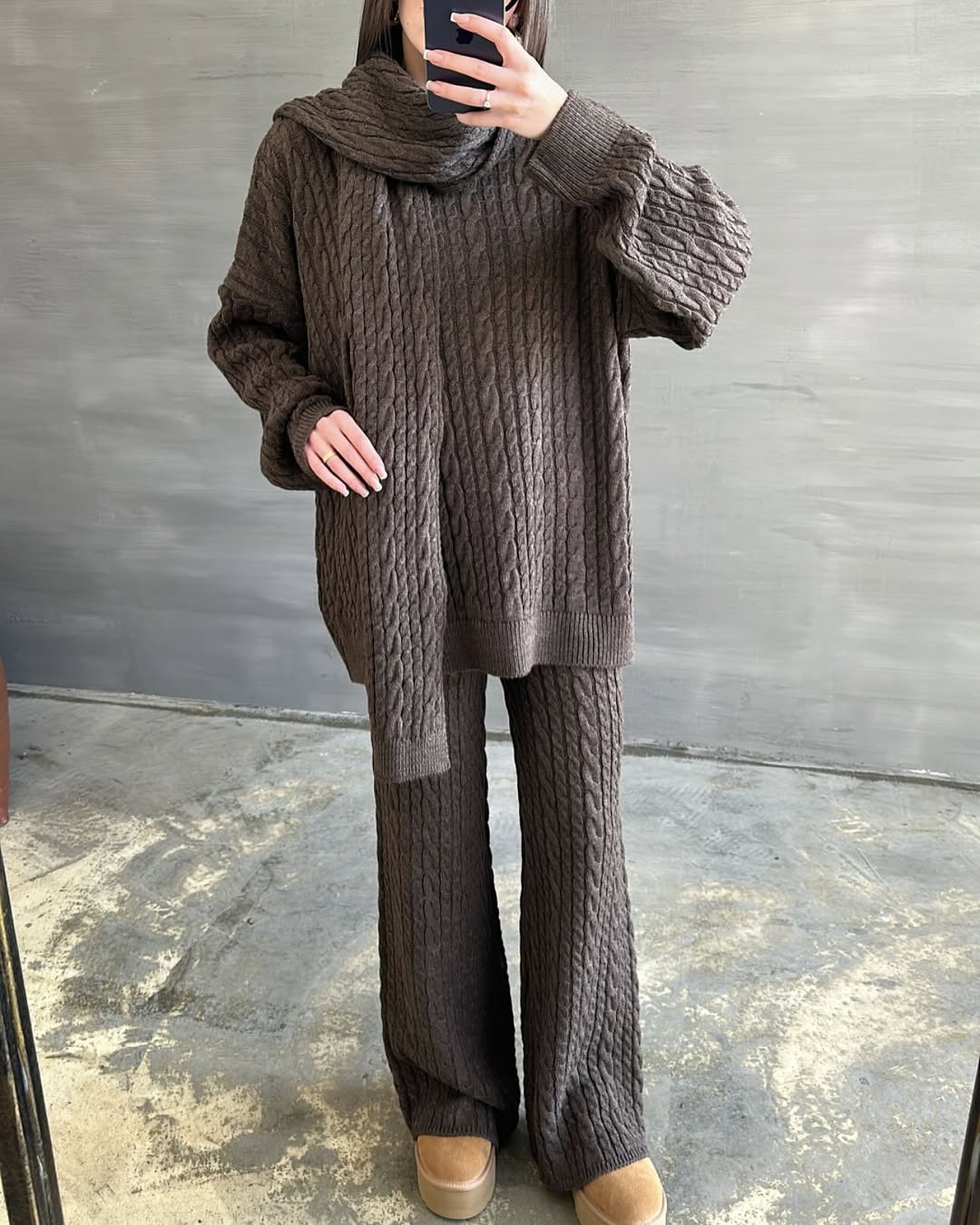 Atkılı Saç Örgülü Üçlü Takım KAHVERENGİ