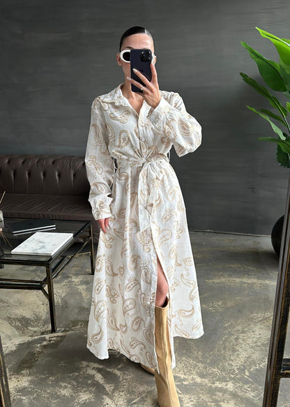 Gold İşlemeli Keten Elbise EKRU