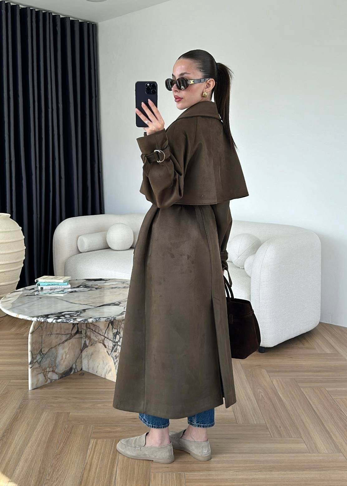 Apoletli Süet Trençkot ACI KAHVE