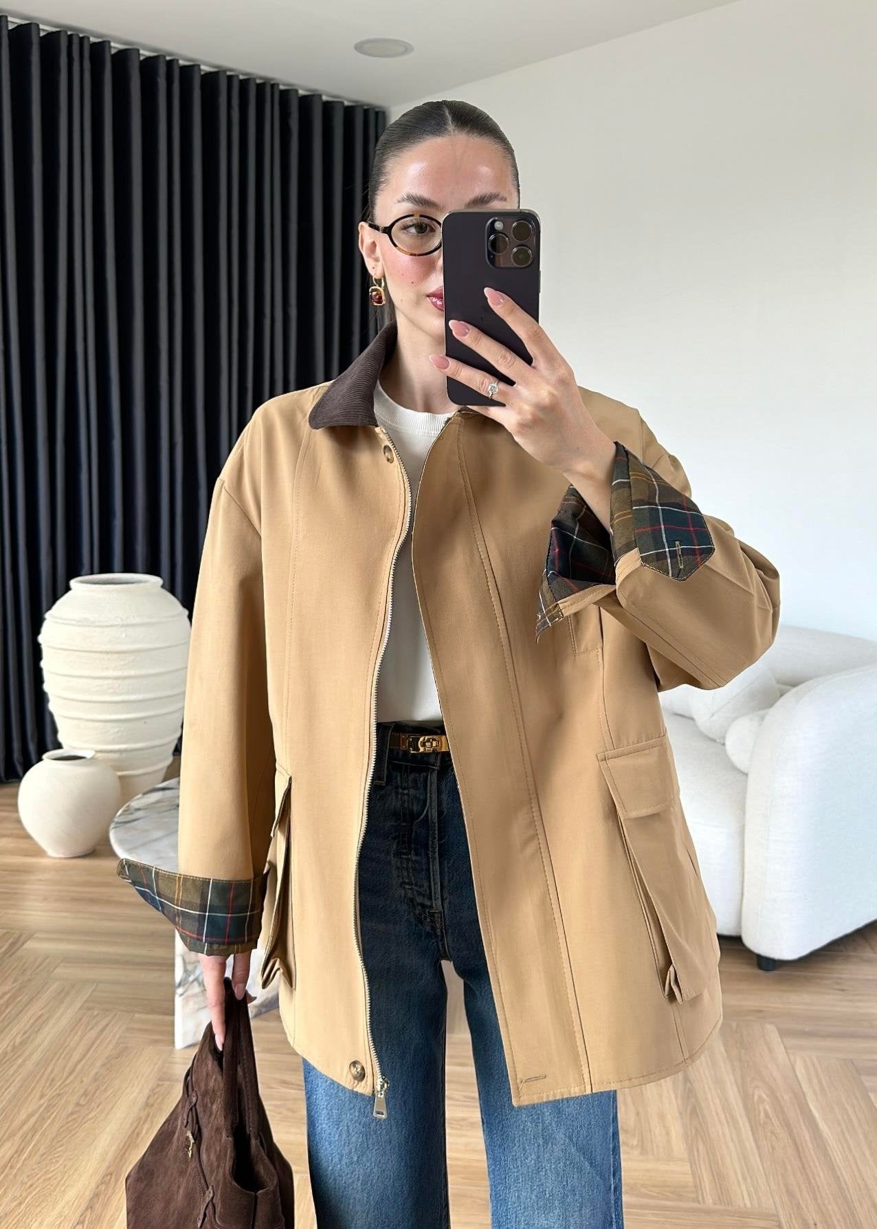 Torba Cepli Ekose Detaylı Ceket