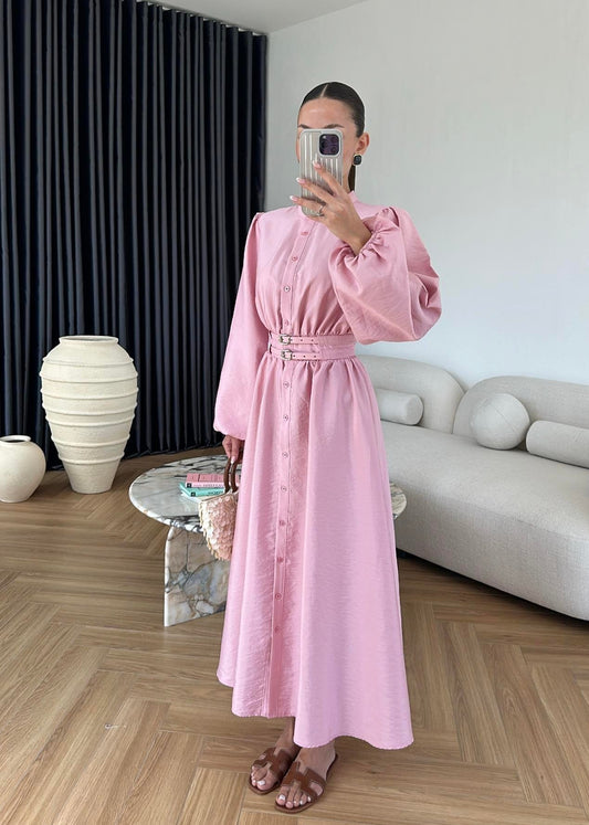 Çift Kemerli Elbise PUDRA PEMBE