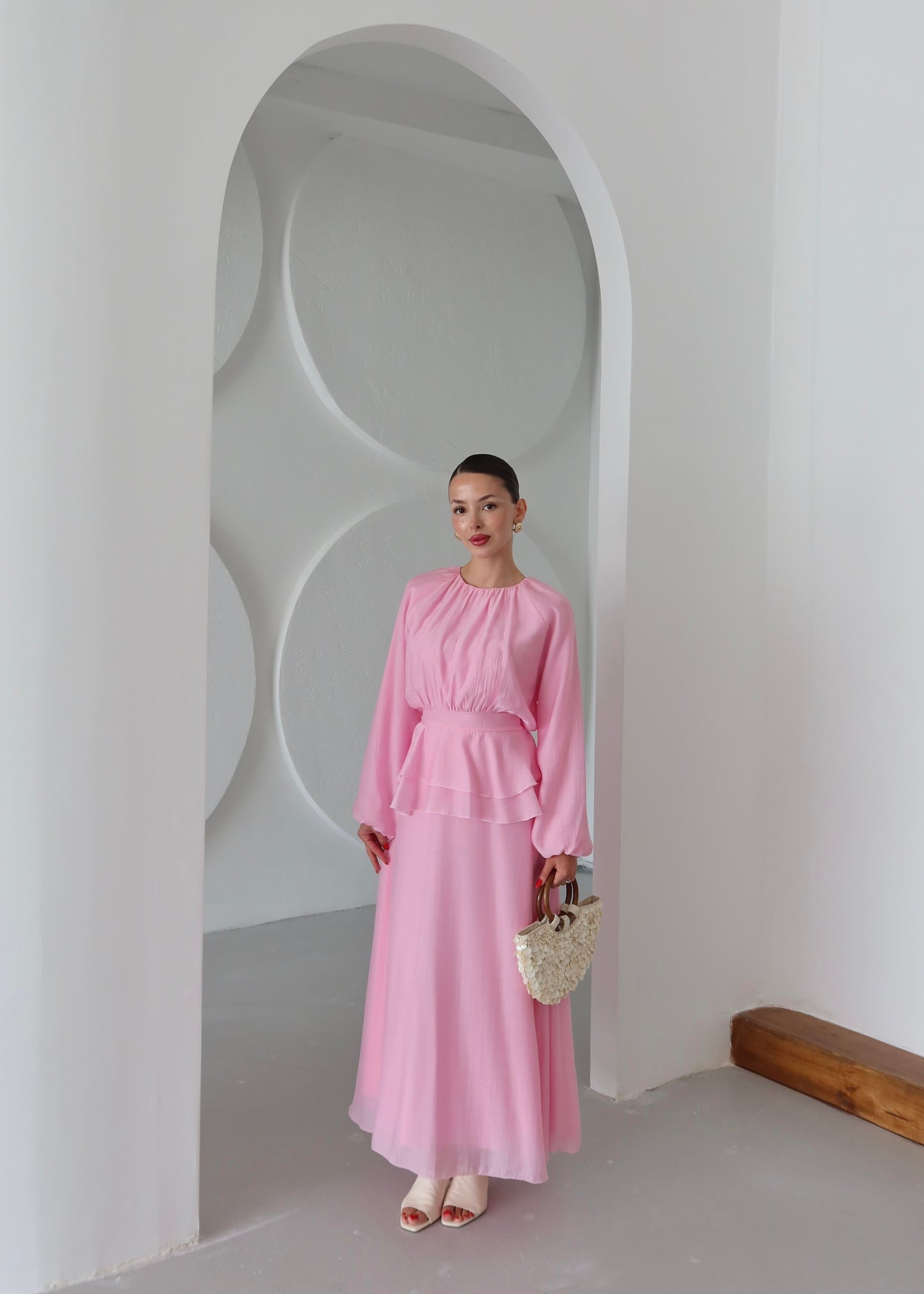 Beli Volanlı Elbise PEMBE