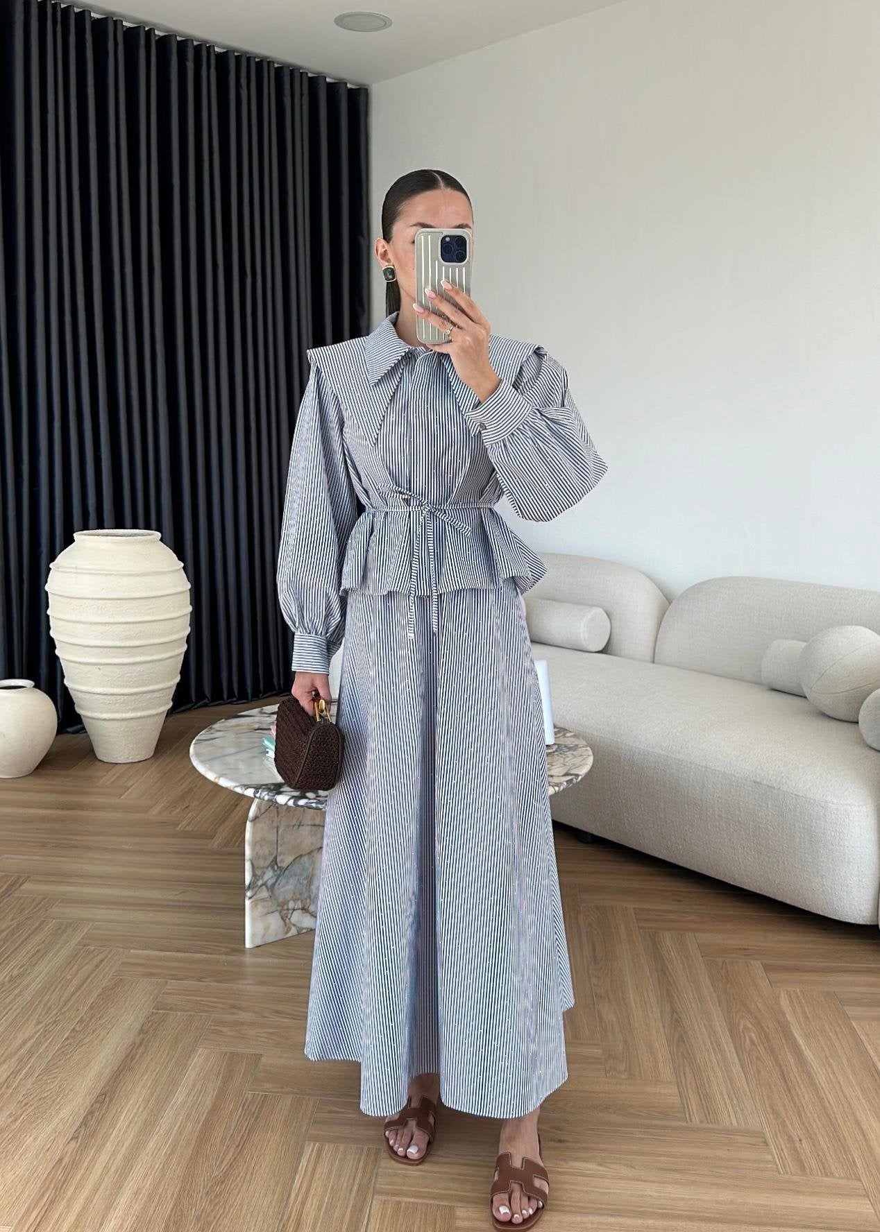 Taşlı Poplin Etekli Takım Mavi