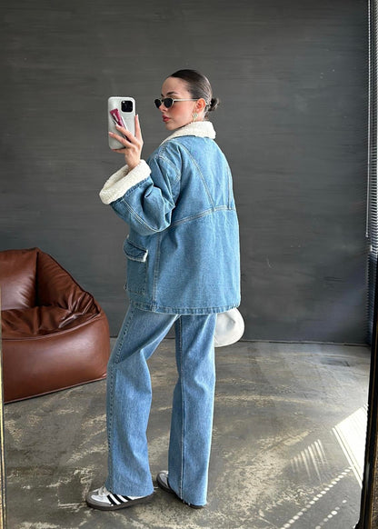 Kürk Detaylı Denim Mont MAVİ