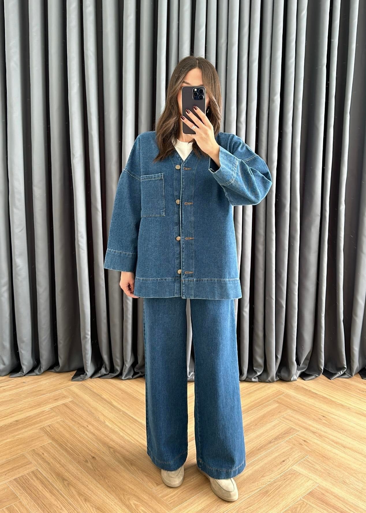 V Yakalı Denim Takım KOYU MAVİ