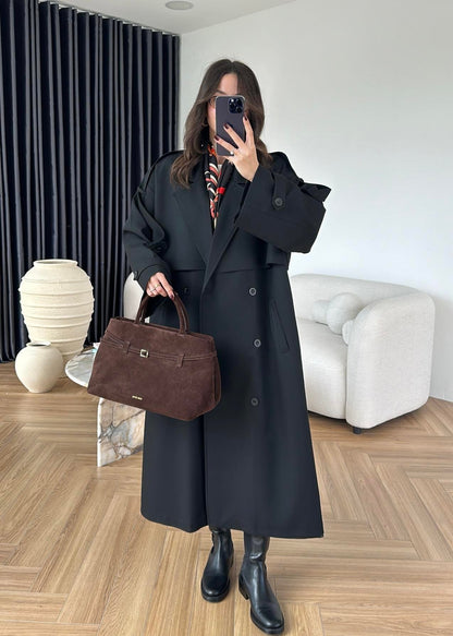 Omuzu Uzun Apoletli Trençkot SİYAH