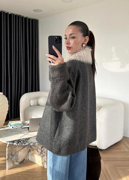 Çıkarılabilir Kürklü Hırka ANTRASİT