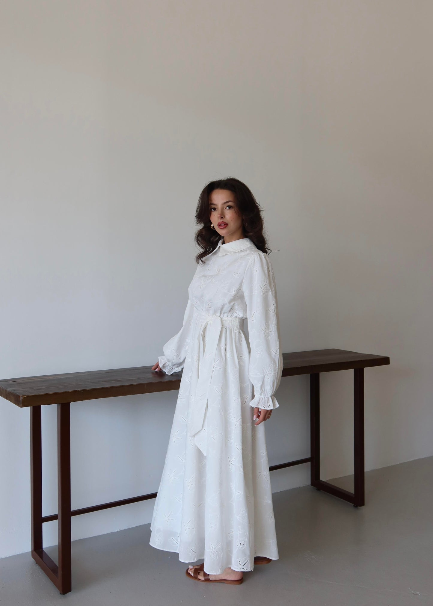 Gömlek Yakalı Brode Elbise BEYAZ