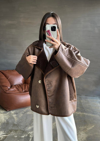 Deri Biyeli Nubuk Ceket KAHVERENGİ