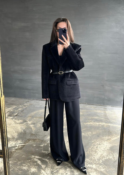 Alpaka Kemerli Ceket SİYAH