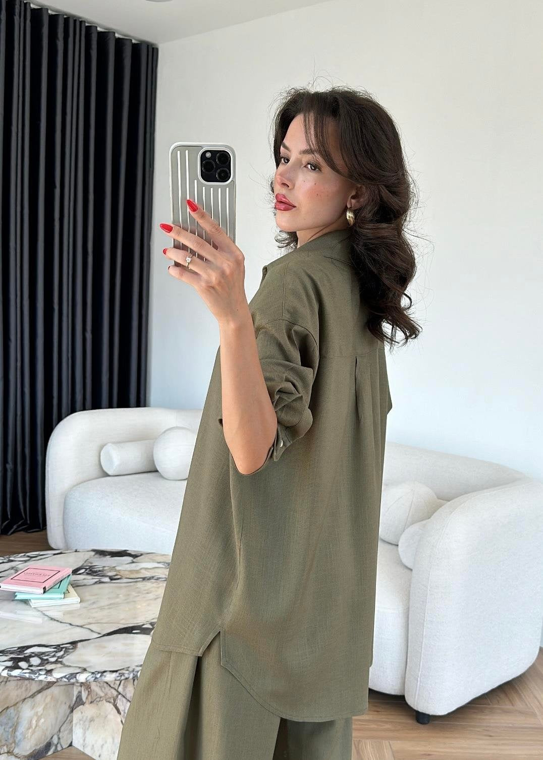 Sedef Düğmeli Uzun Keten Takım Haki