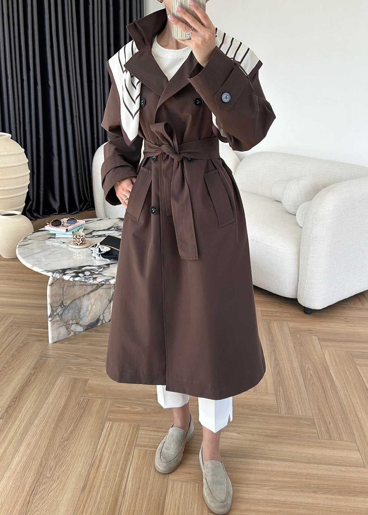 Fularlı Uzun Trençkot ACI KAHVE