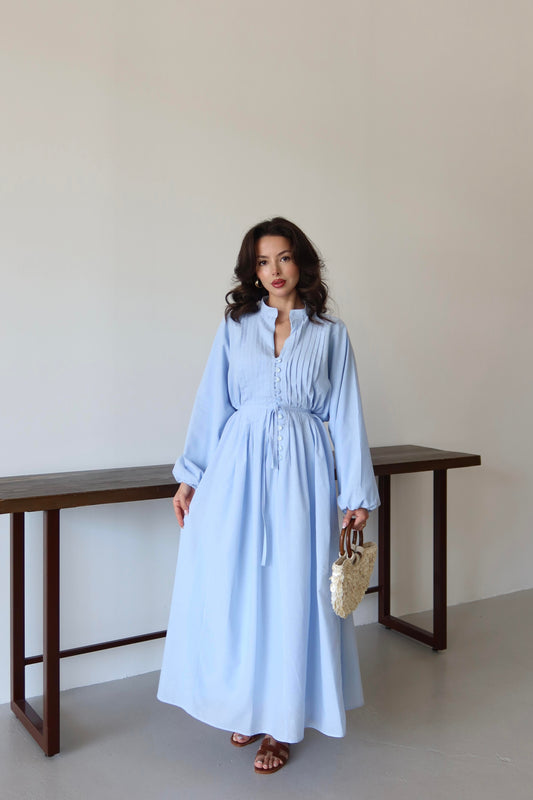 Nervürlü Pamuk Vual Elbise BEBE MAVİSİ