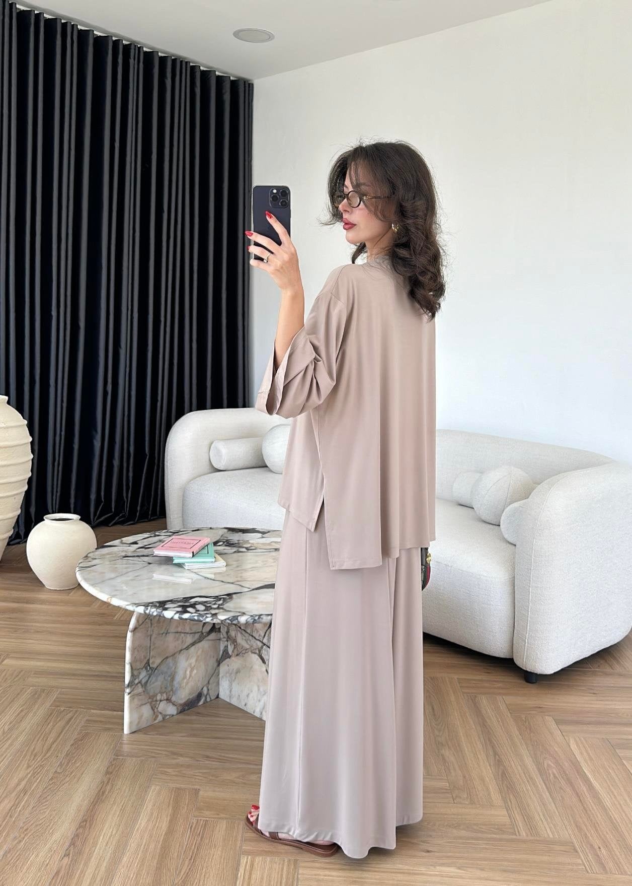 Modal Geniş Paçalı Takım Bej