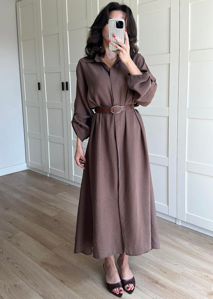 Tensel Kemerli Gömlek Elbise KAHVERENGİ