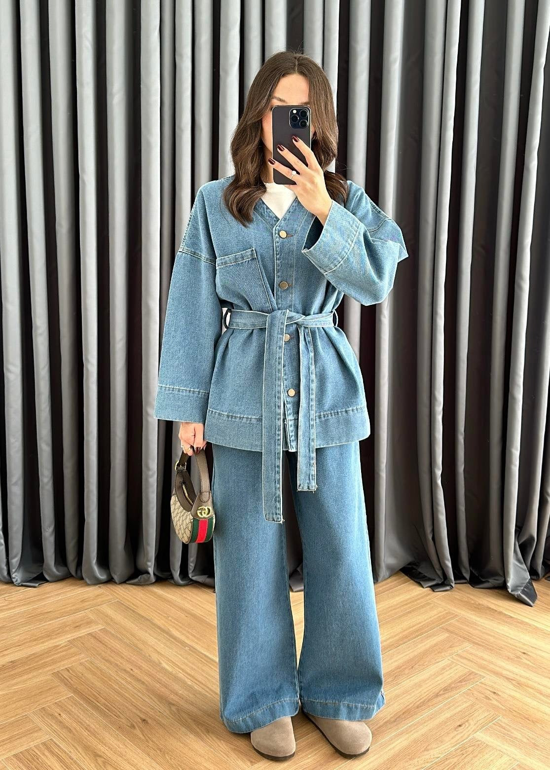 V Yakalı Denim Takım AÇIK MAVİ