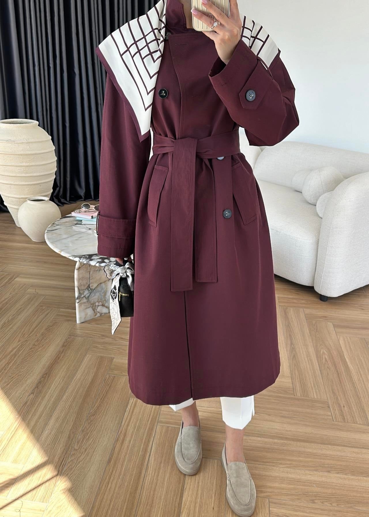 Fularlı Uzun Trençkot BORDO