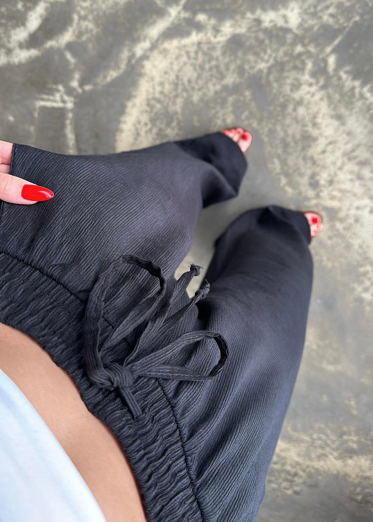 Şal Yaka Krinkıl Kimono Takım SİYAH