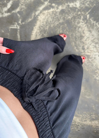 Şal Yaka Krinkıl Kimono Takım SİYAH