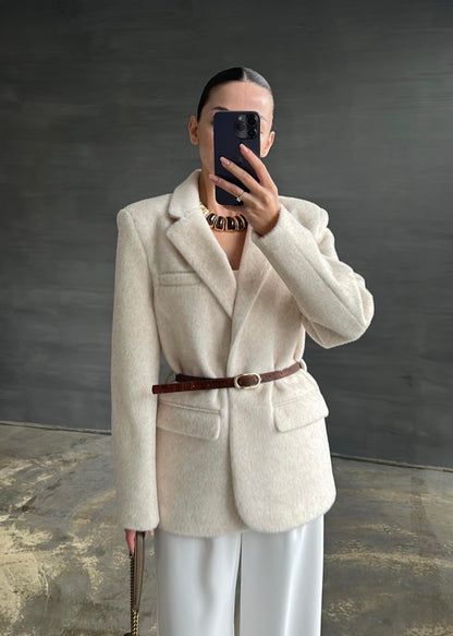 Alpaka Kemerli Ceket EKRU