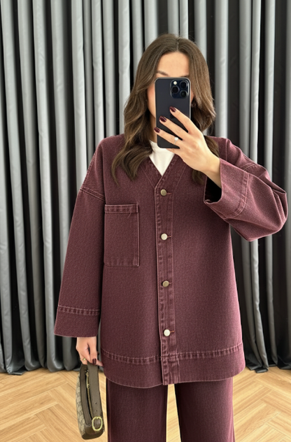 V Yakalı Denim Takım BORDO