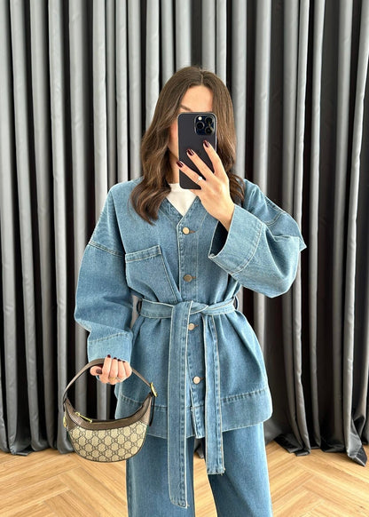 V Yakalı Denim Takım AÇIK MAVİ