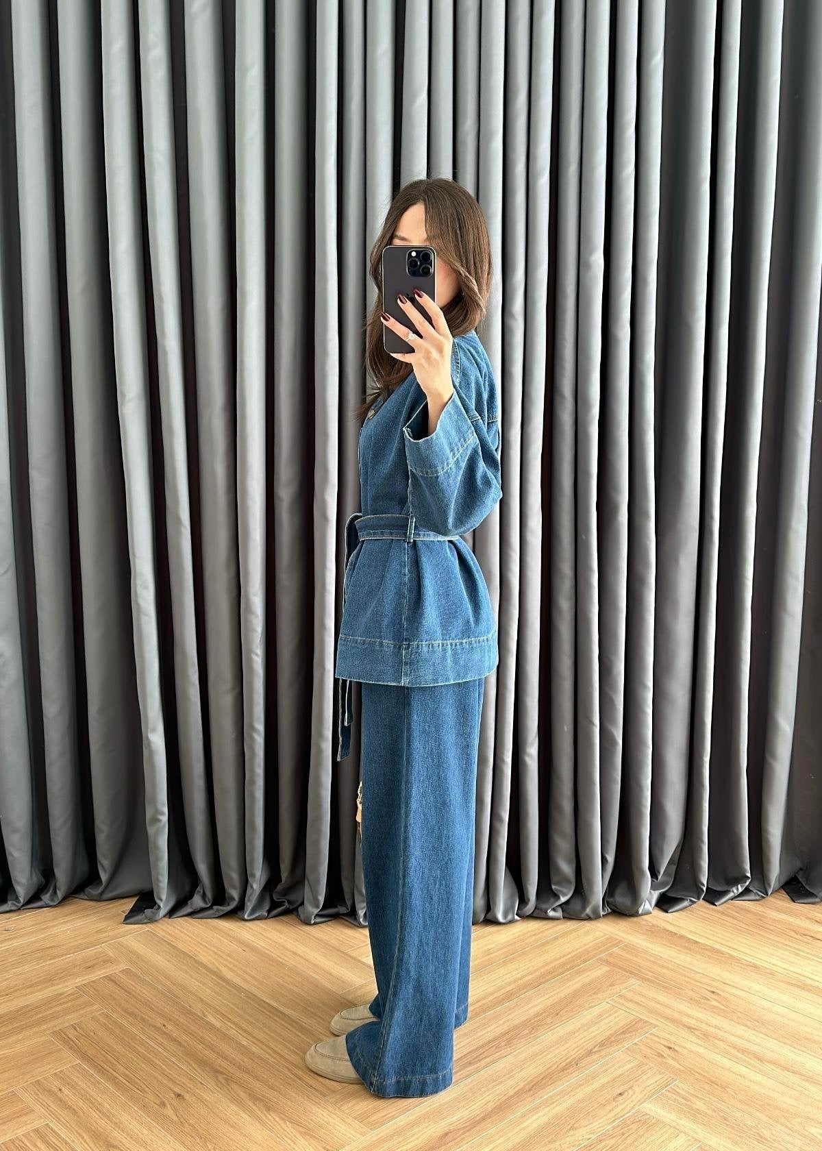 V Yakalı Denim Takım KOYU MAVİ