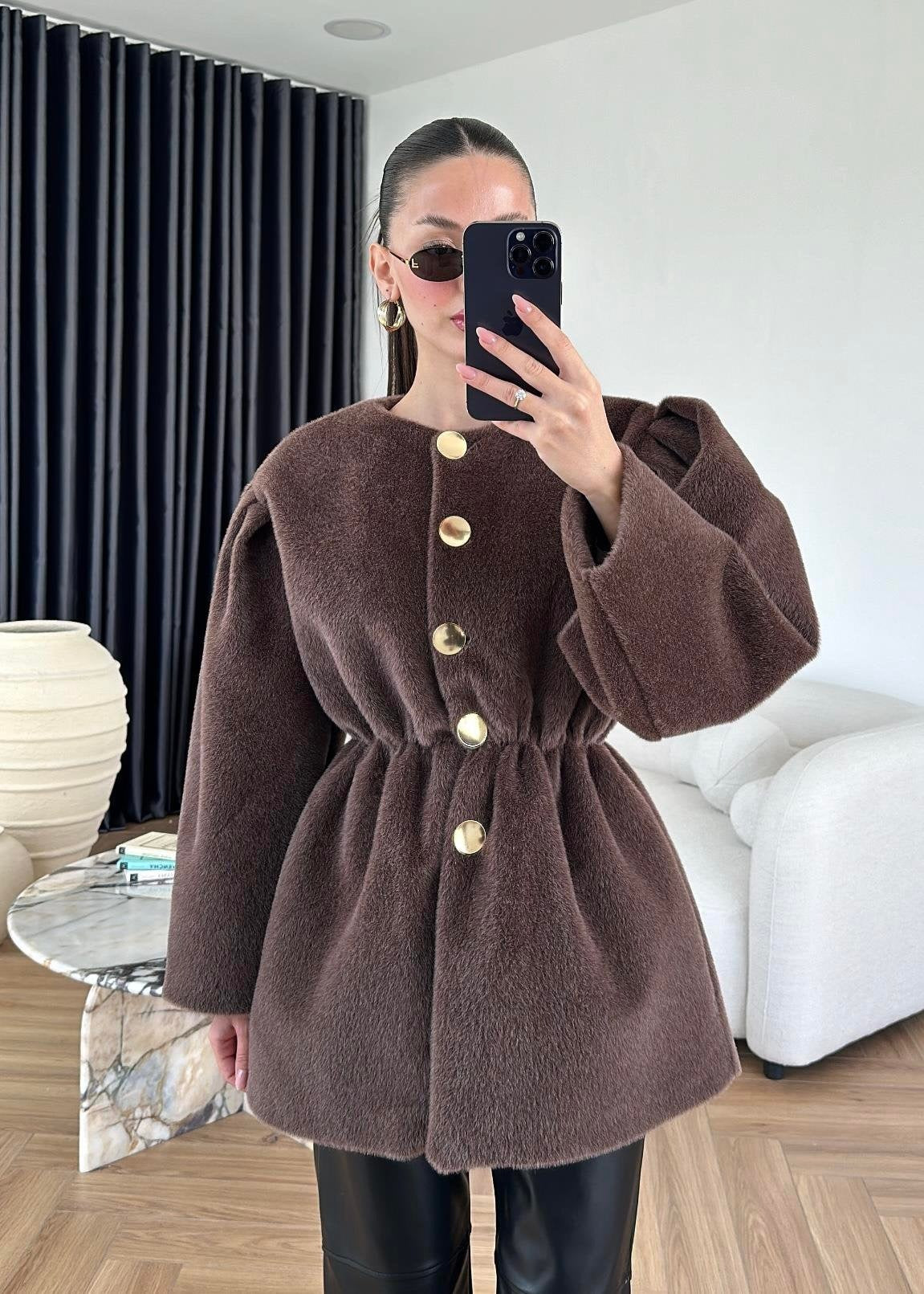 Gold Düğmeli Alpaka Kaban KAHVERENGİ