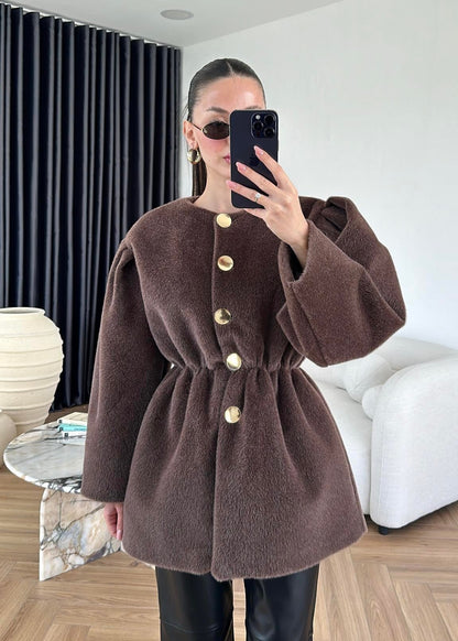 Gold Düğmeli Alpaka Kaban KAHVERENGİ