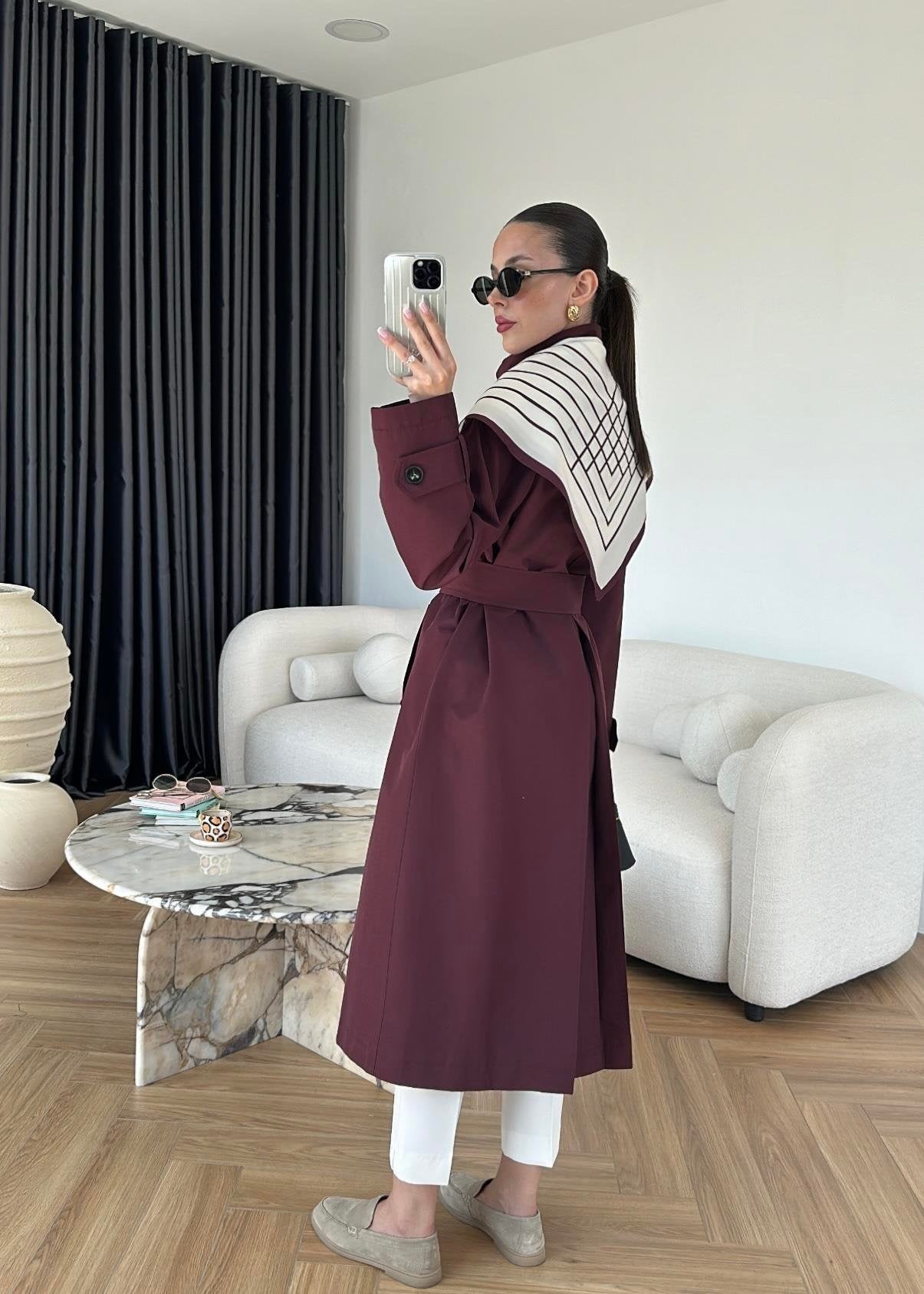 Fularlı Uzun Trençkot BORDO