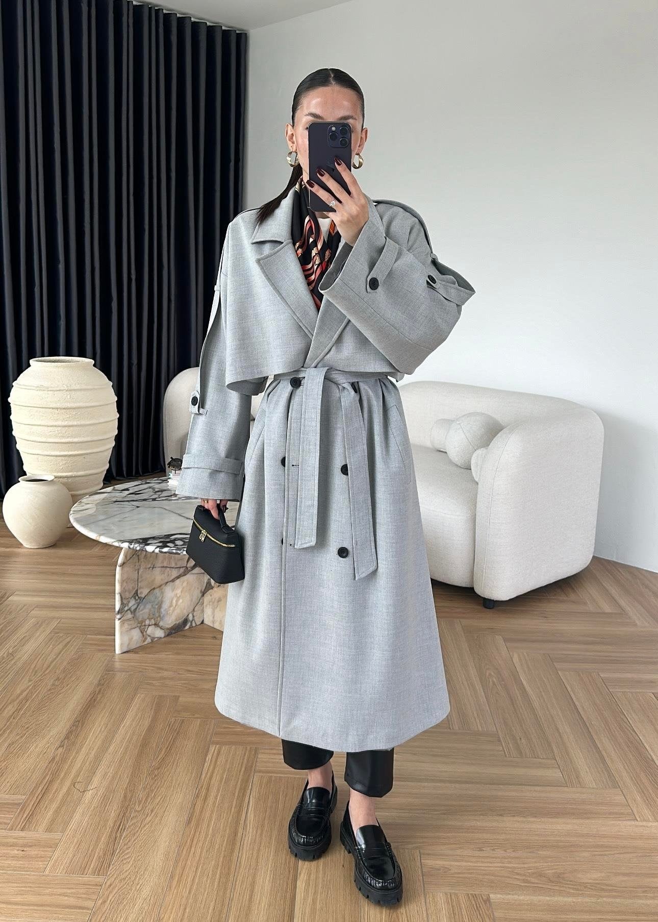 Omuzu Uzun Apoletli Trençkot AÇIK GRİ