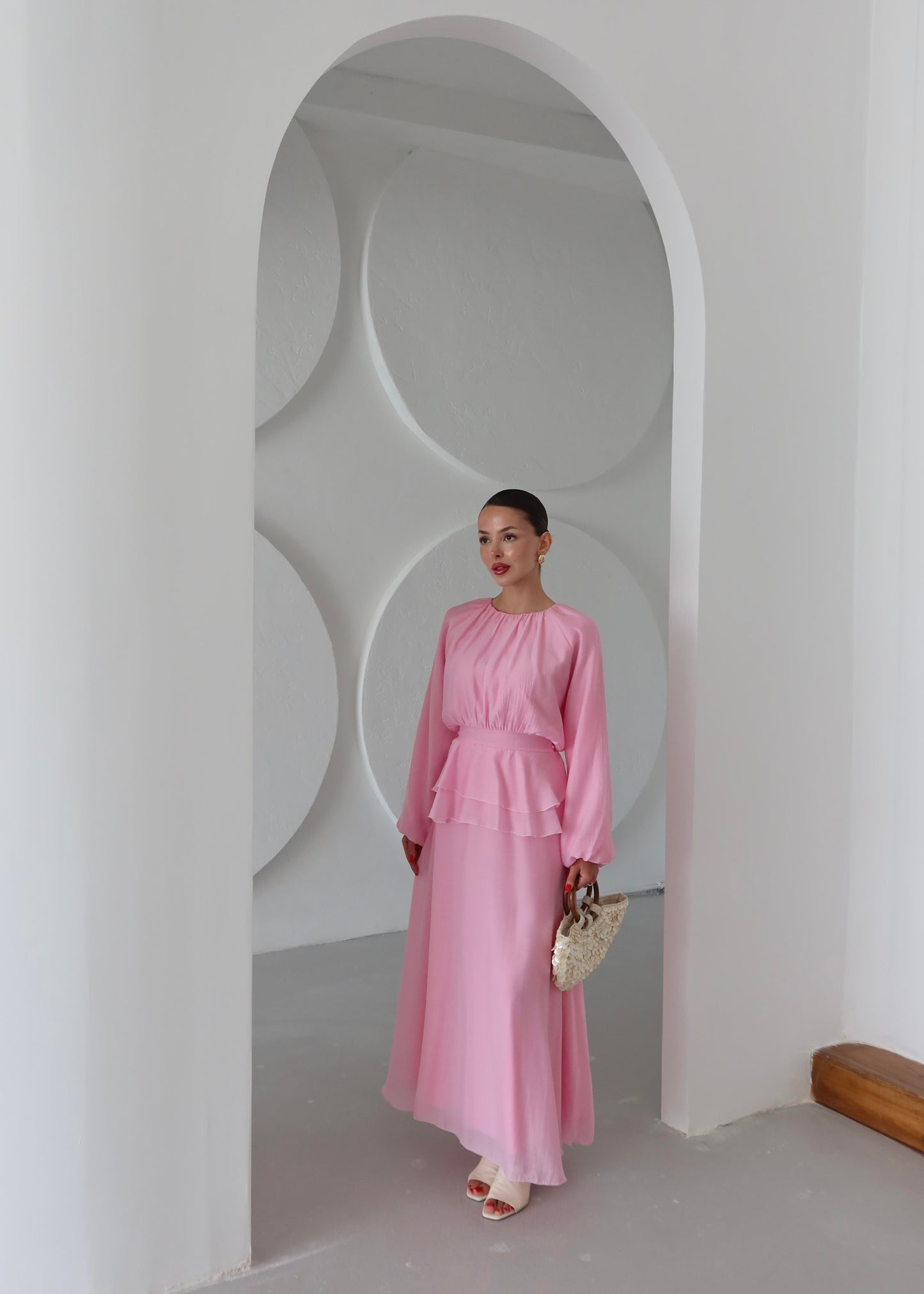 Beli Volanlı Elbise PEMBE